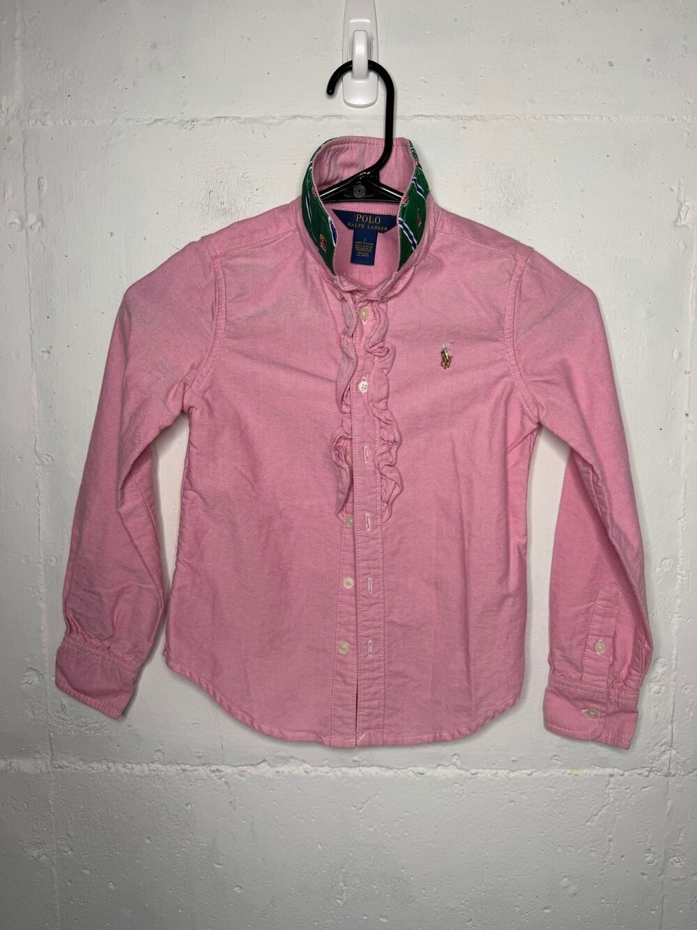 Polo Ralph Lauren Girls Pink Button Down Green Collar Size 7